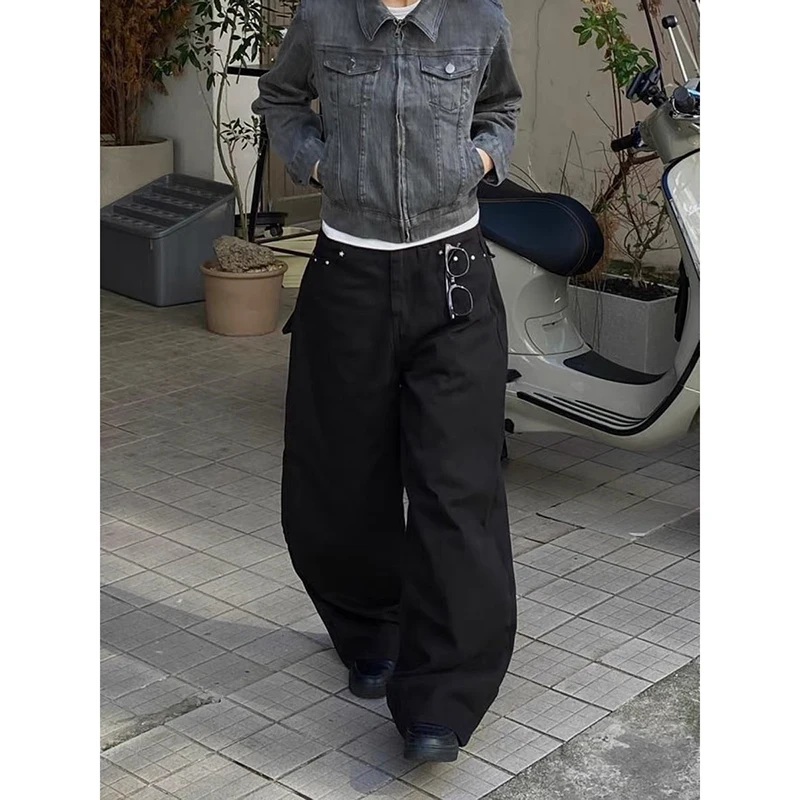 ZHIZOU Women Baggy Jeans Dark Academia Cyber Punk Designer Harajuku Denim Pants Goblin Core Grunge Wide Fit American Retro Y2K