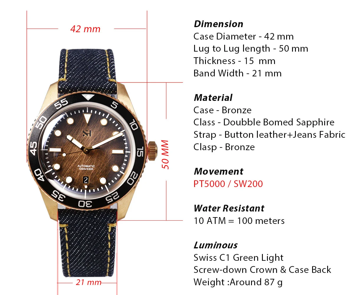 SEA HORIZON SH01 SH02 Herren Bronze Automatik-Taucheruhr CuSn6 42mm PT5000 SW200 Doppelt gewölbtes Saphirglas 100M – Detail 4