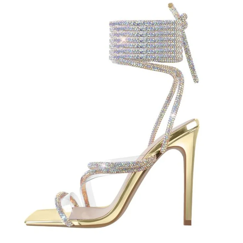 

Clear PVC Strap Women High Heel Sandals Crystal Ankle Wrap Lace Up Square Toe Shoes Gold Patent Leather Dress Shoes