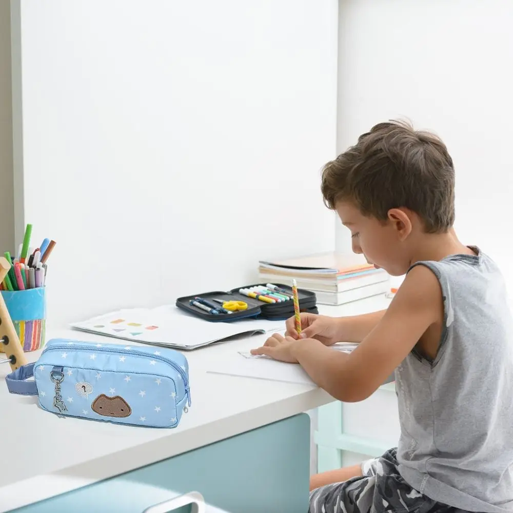 Bolsa para bolígrafos azul multifuncional con diseño de gato y estrella, estuche para lápices de gran capacidad, organizador de papelería portátil de mano, regalo