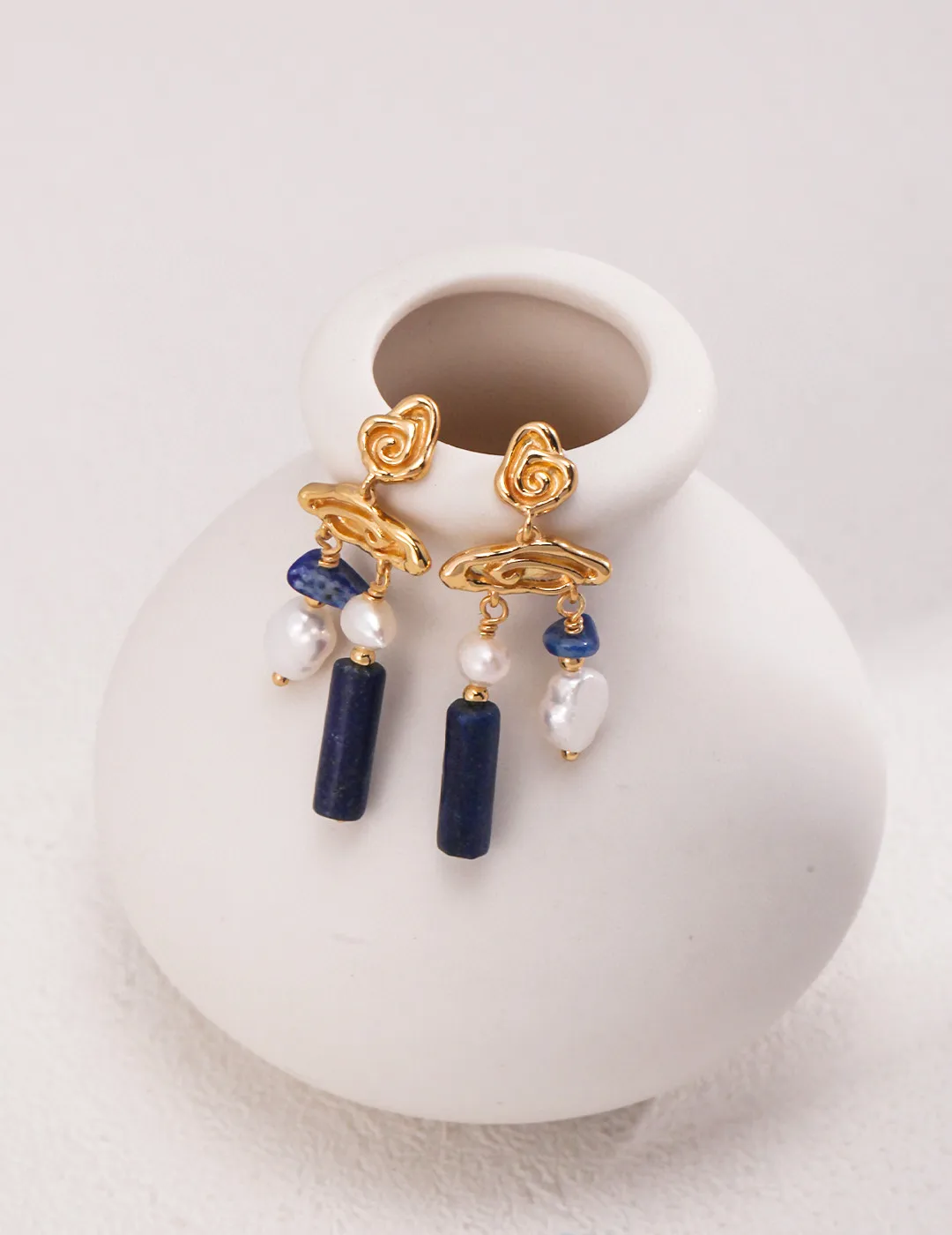 925 Sterling Silver Plated with 18K Gold Earrings, with Natural Baroque Pearls and Lapis Lazuli, Retro Roman Style