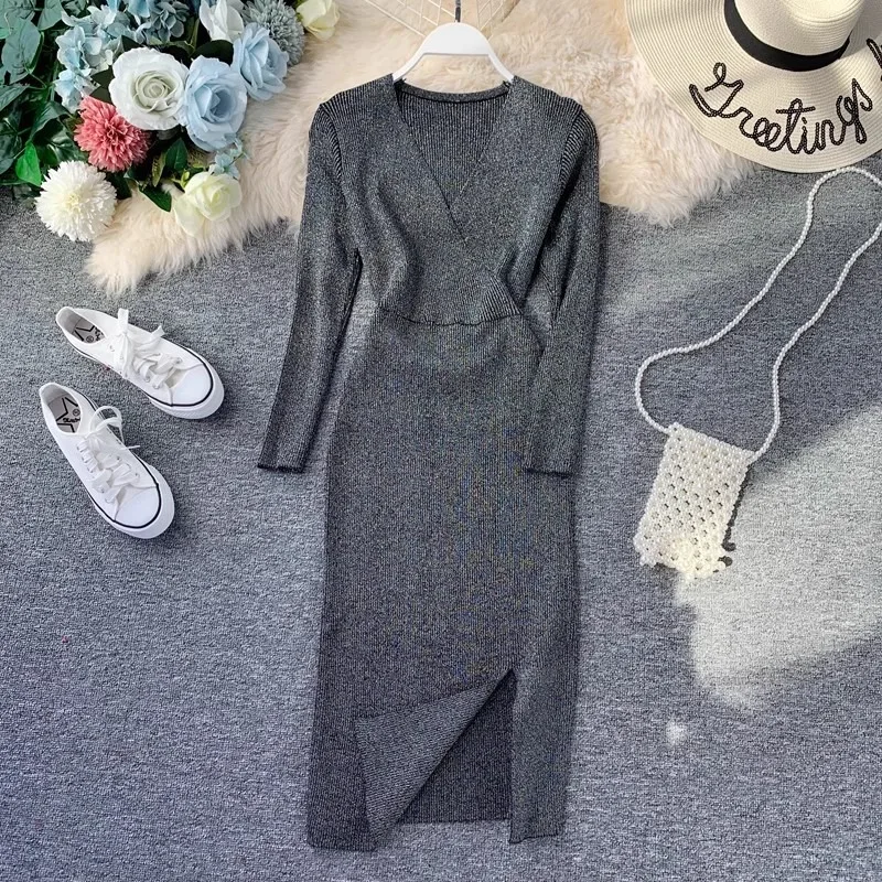 YuooMuoo 2024 Autumn Winter Women Knitted Dress Luxury V-neck Slim Waist Shining Bodycon Dress Office Lady Sweater Vestidos