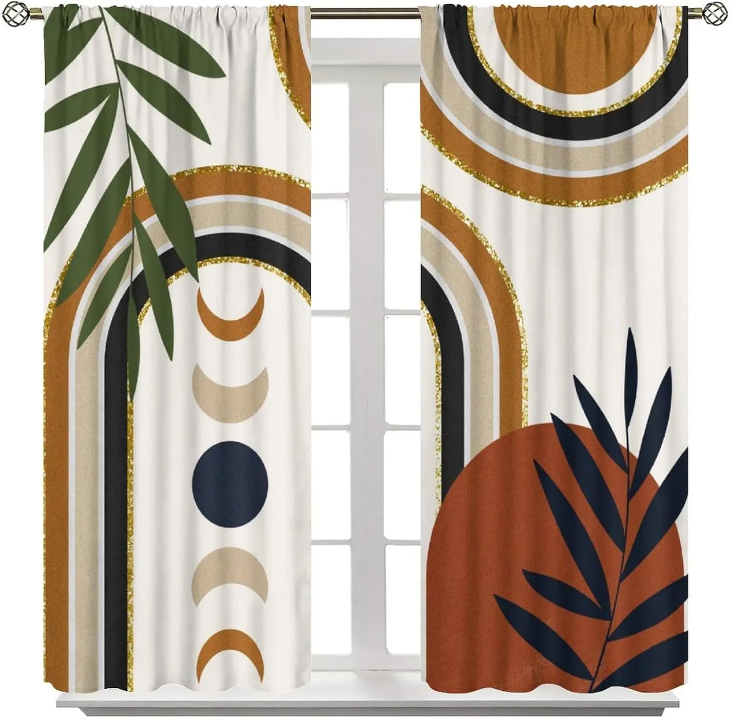 Boho Arch Curtain Panels, Mid Century Moon Phase Palm Leaf Geometric Print Drapes for Bedroom Window Living Home Decor