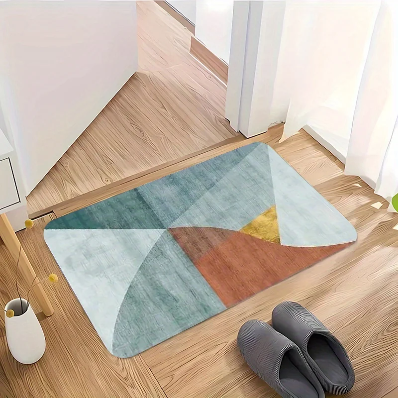 1pc Geometric Print Flannel Door Mat - Vibrant Triangle Design in Green, Blue, Yellow & Brown - Soft, Machine Washable, Indoor