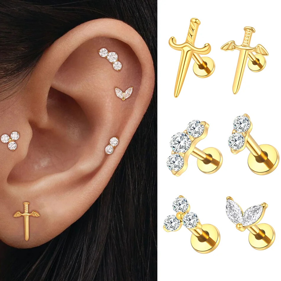 1pc Titanium Marquise Zircon Stud Earring for Women Internally Threaded Helix Tragus Labret Piercing Body Jewelry