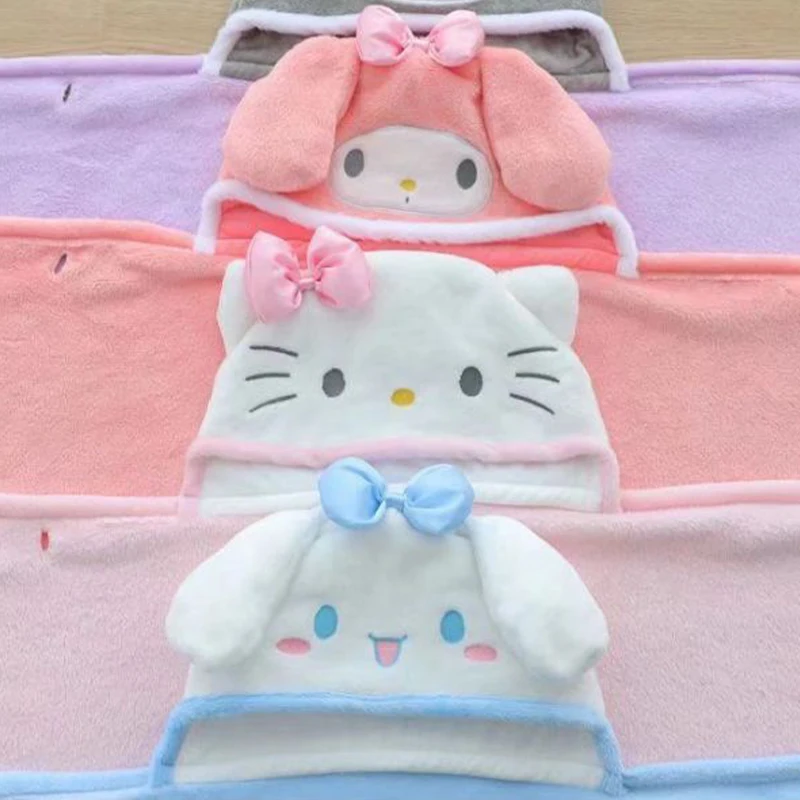 

Kawaii Anime Hello Kitty Kuromi Cinnamoroll Velvet Hooded Shawl Blanket - Women Child Student Cartoon plus Size Nap Gift Bathrob