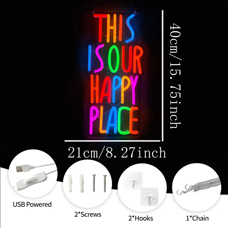 LED Sign for Bedroom Classroom Man Cave Home Bar Birthday Party Game Zone Decor，This is Our Happy Place Neon Sign for Wall Decor