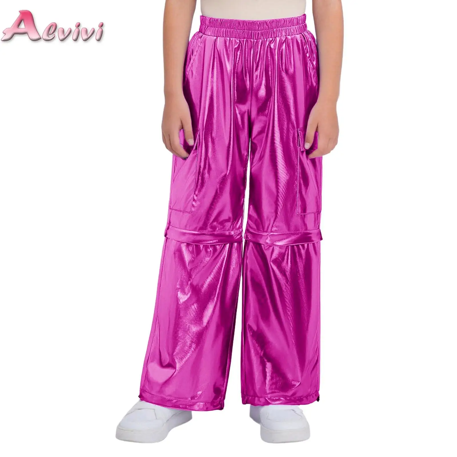 

Kids Boys Girls Zip-Off Metallic Cargo Pants Elastic Waistband Leg Openings Trousers with Pockets Hip-Hop Jazz Dance Costume