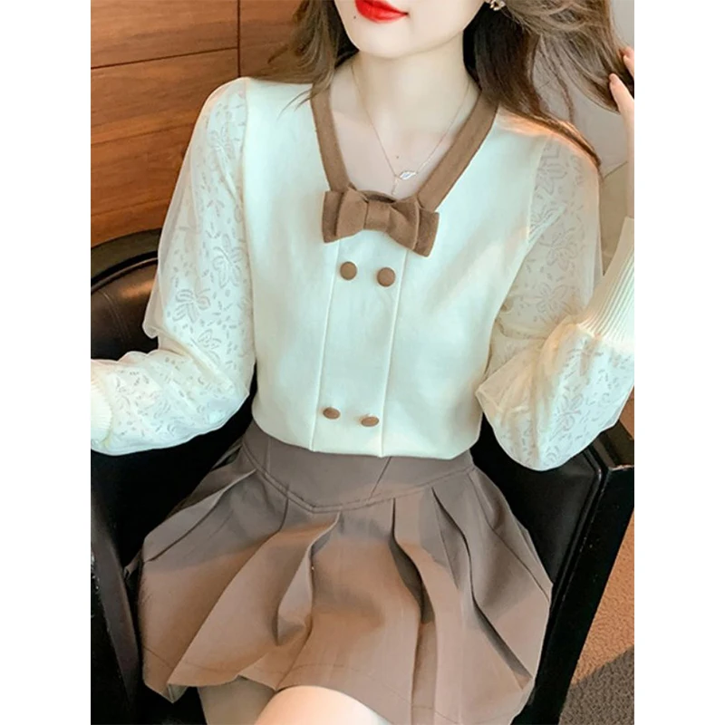 V-neck Fashion Patchwork Solid Color Knitwear Women Autumn Winter Elegant Temperament Sweater Sweet All-match Lace Knitting Tops