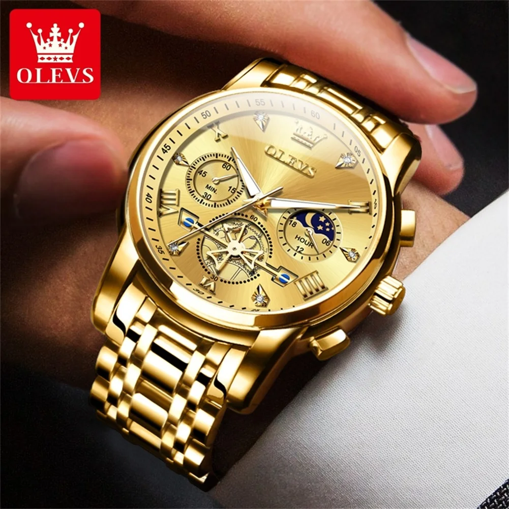 

OLEVS 2856 NEW Men's Watches Flywheel Skeleton Chronograph Moon Phase Multifunctional Carrying Time power Men's Wristwatches