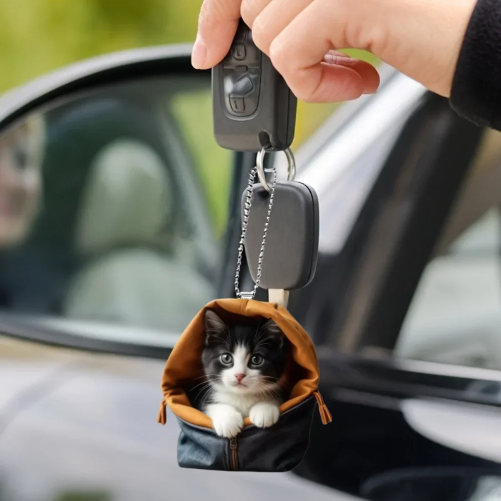 2D Cute Cow Cat Pendant Chic Kitten in Bag Acrylic Keychain Car Versatile Charm for Car Mirror Backpacks Home Festive Gift view 2