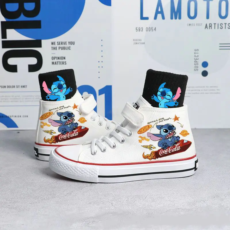 Disney Lilo & Stitch Children Canvas Shoes For Girls Bys White High Cut Shoes Cartoon Kids Sneakers Casual Tennis Shoes