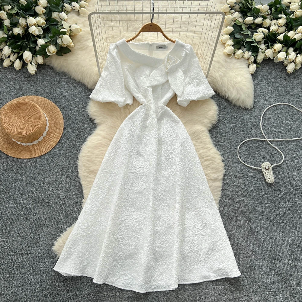 

Vintage sexy print puff sleeve Three-dimensional dress Chic Summer Beach fairycore Vestidos Vacation women clothing