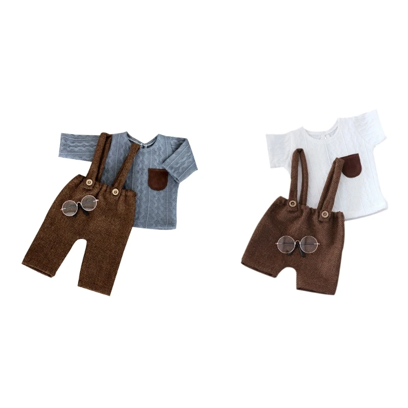 

Lovely Newborn Photography Garment Baby Top Spectacles with Dungaree Shorts set Dropship