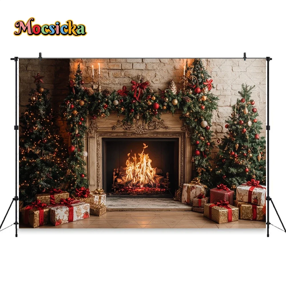 Retro White Fireplace Background for Christmas Photoshoot Green Xmas Tree Wreath Gift Backdrop New Year Room Family Photo Studio