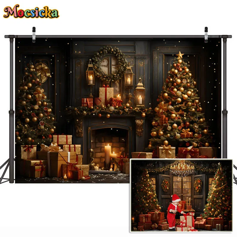 Photography Background Christmas Indoor Fireplace Window Family Portrait Props Xmas Tree Party Decor Kids Backdrops Photo Studio