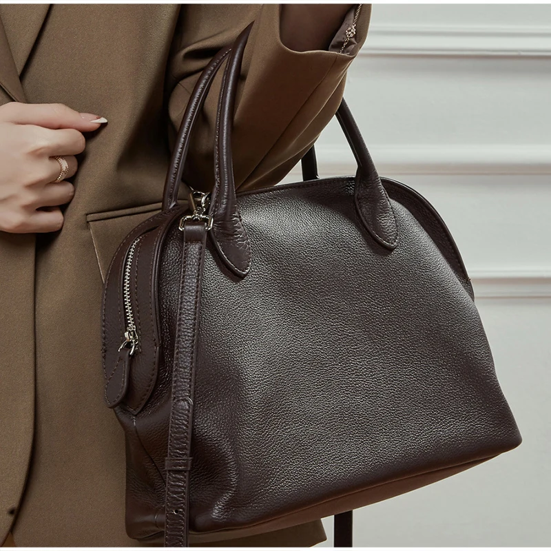 

Genuine Leather Women Shoulder Bag Top Handle Retro Bowling Trend Shell Handbag Multi-layer Crossbody Bag Purses Messenger Tote