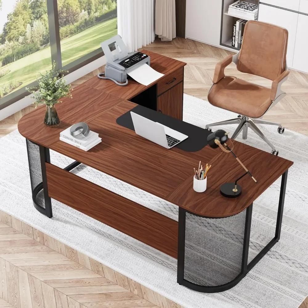 Mesa executiva em forma de L com gaveta do armário, grande canto Office Desk, prateleiras de armazenamento, 63 pol