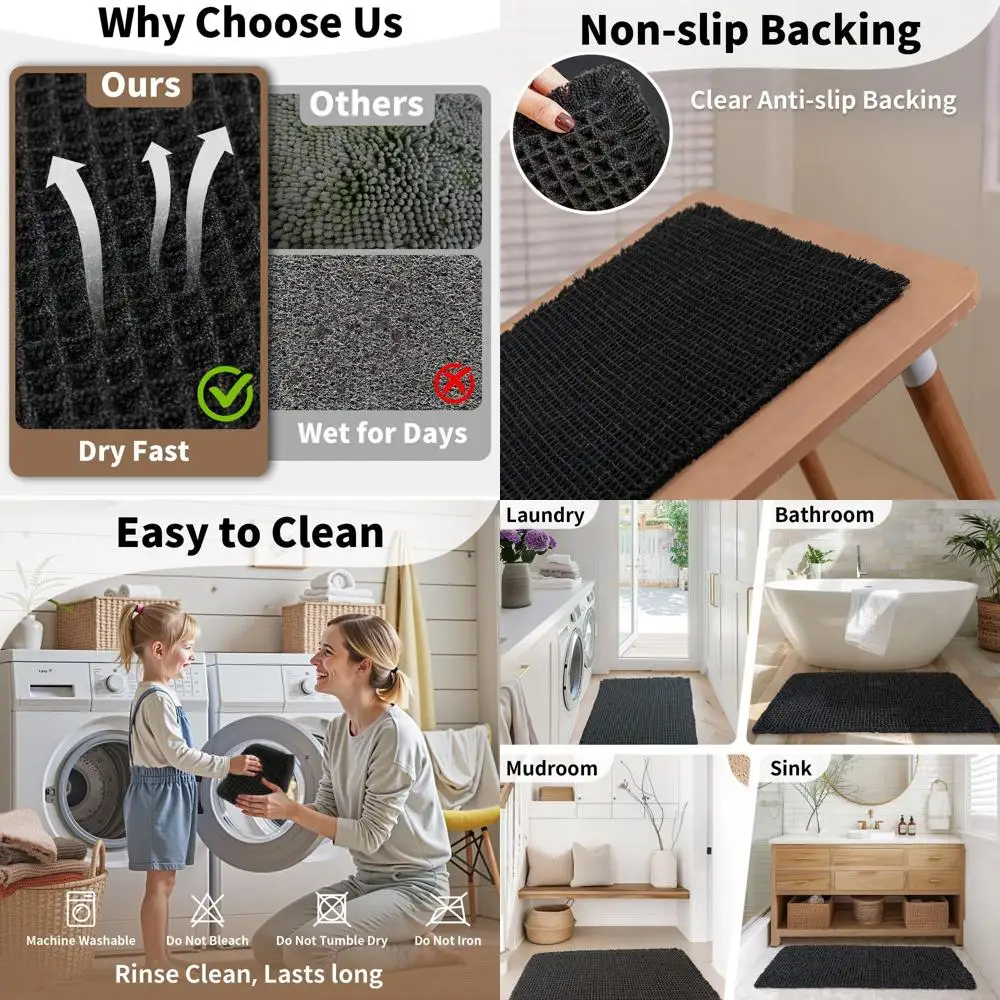 

Черный длинный коврик для ванной с вафельным плетением - нескользящий, моющийся, супервпитывающий, быстросохнущий, 24x72 дюйма, в стиле бохо-фермерский.