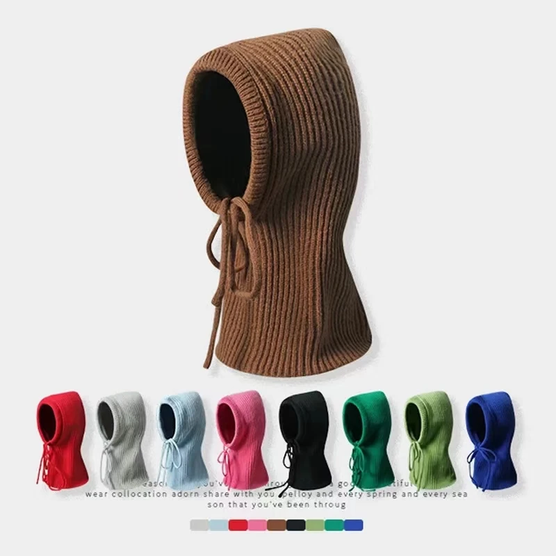 

Winter Balaclava Hat For Women&Men Knitted Strap Ties Beanie Hats Unisex Neck Collar Hooded Cap Scarf Bib Windproof Pullover Cap