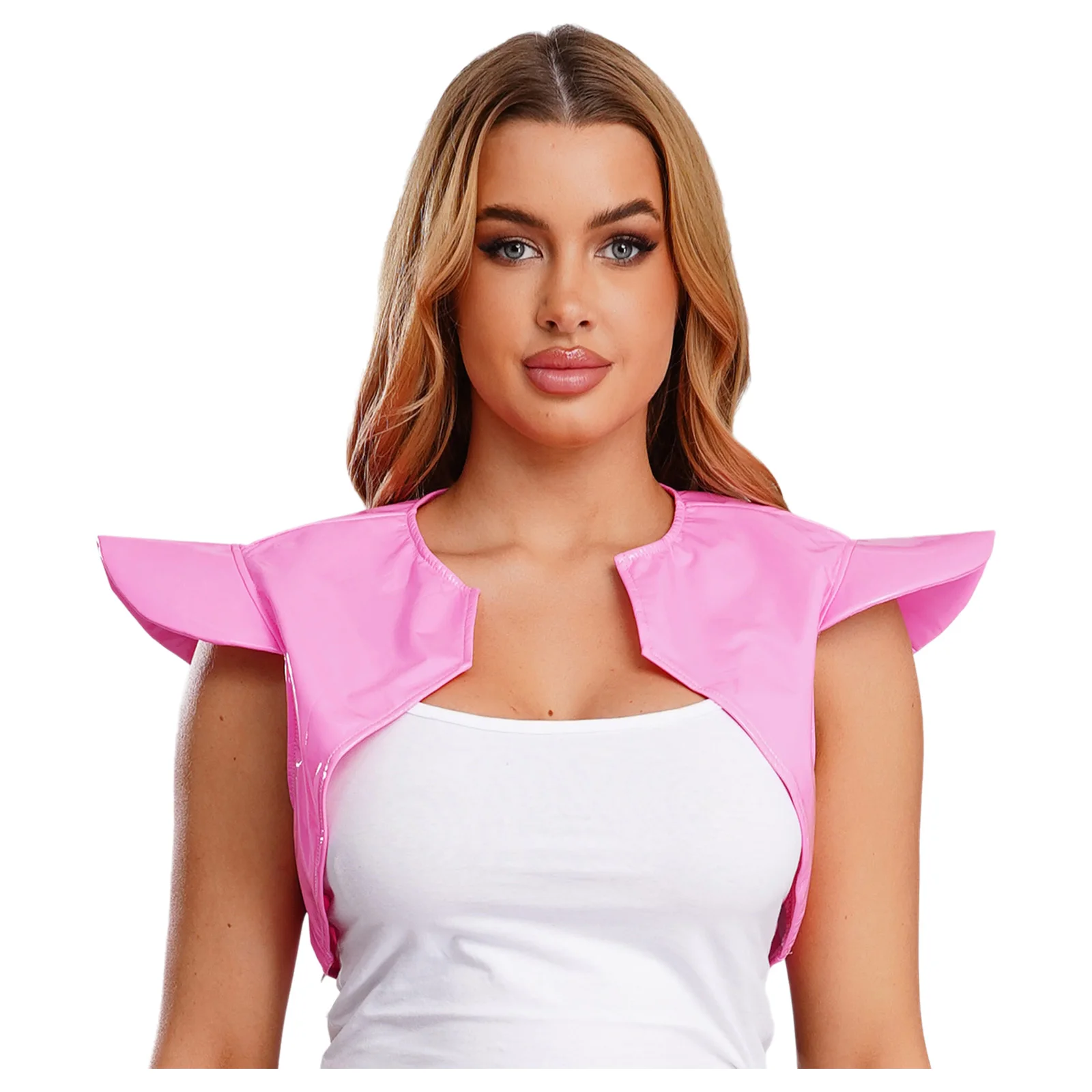 Women Warrior Combatant Cosplay Shrug Top PU Leather Open Front Asymmetrical Hem Shoulder Armor Vest for Halloween Theme Party