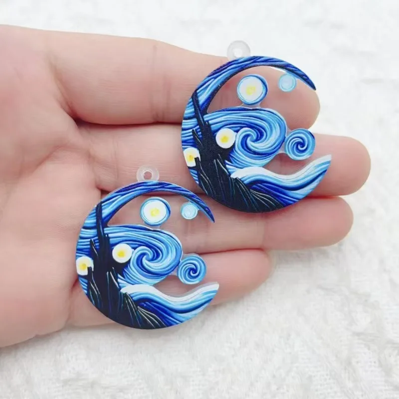 10pcs Cross border Hot selling Acrylic Earrings with Van Gogh Starry Sky Pattern Fashion Black Cat Acrylic Pendant DIY Jewelry A view 2