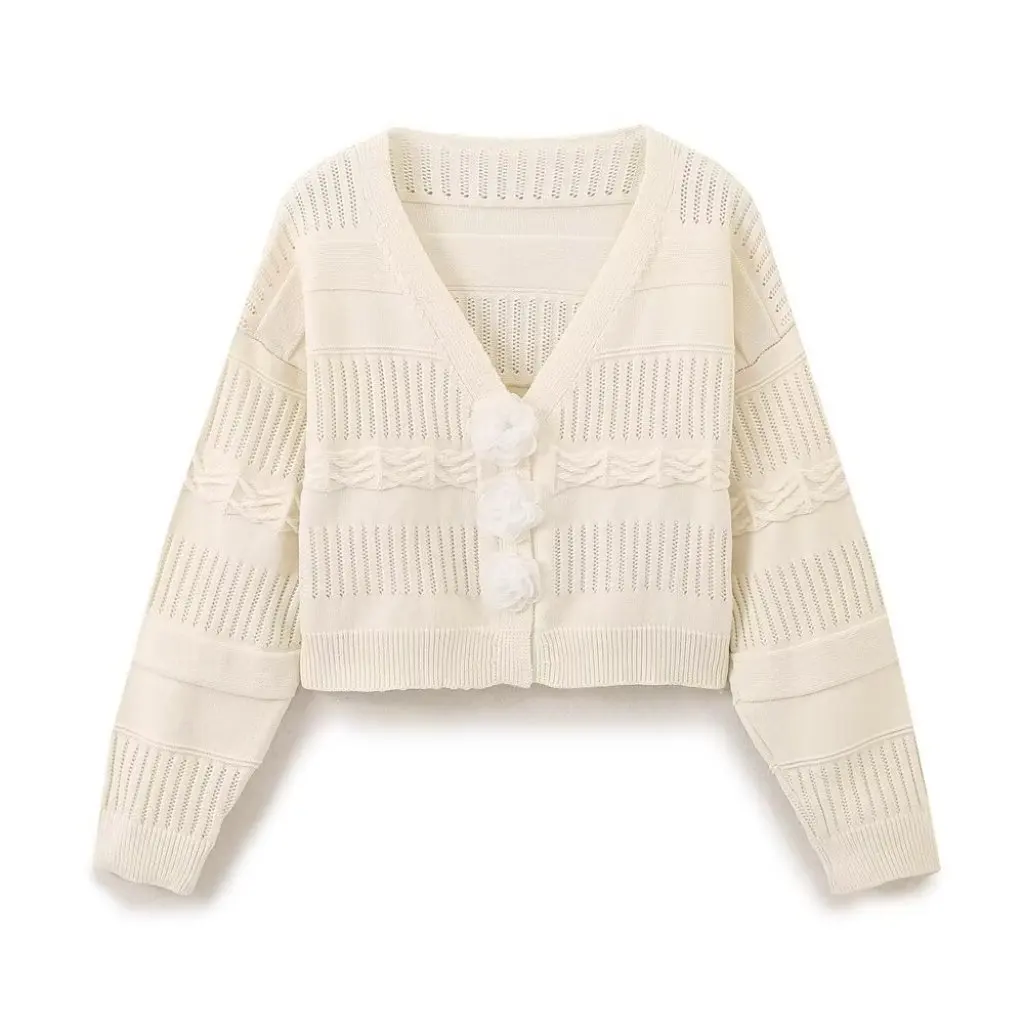 

European And American Style Women's Floral V-Neck Long Sleeve Knitted Cardigan Simple Joker Button Loose Fashion Outerwear