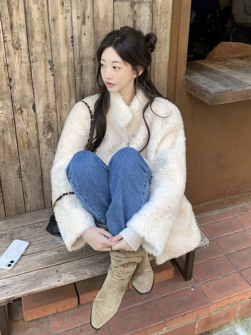 Jaet peludo caído de piel y cuero con cuello levantado de viento suave, abrigo de algodón de piel de cordero suelto para mujer, duradero para uso diario