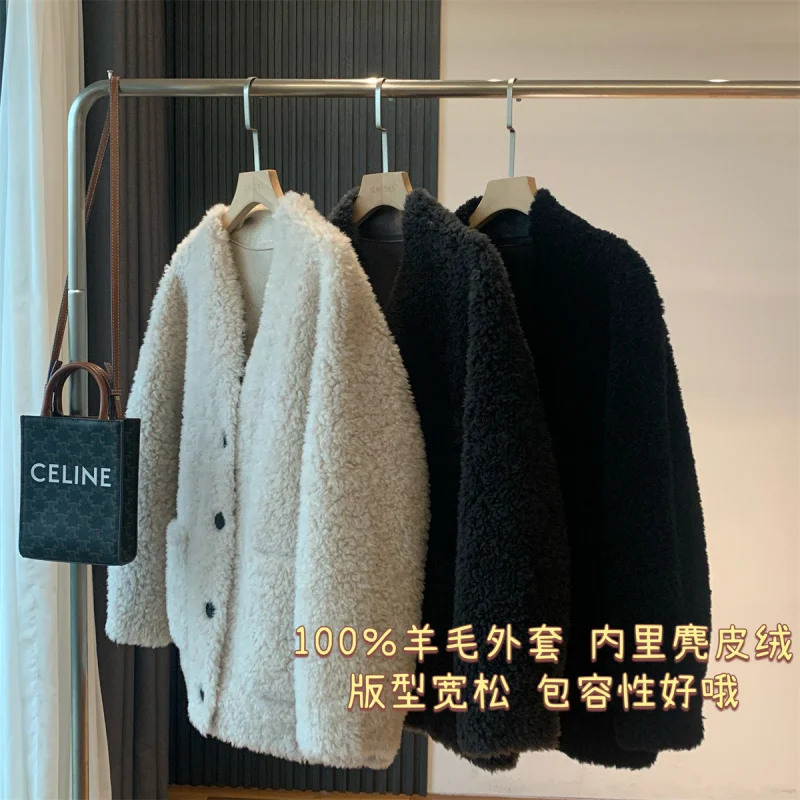 G110420~Light and Warm Wool Composite Suede Wool Coat Thickened Warm and Loose Jacket with Big Pockets