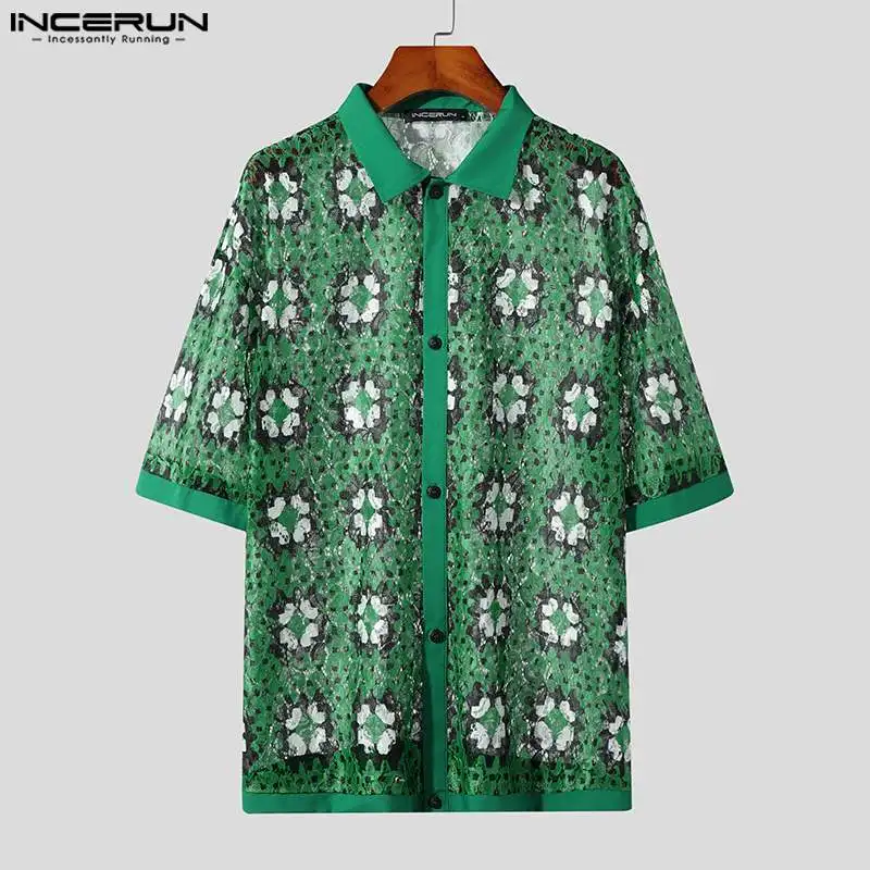 2023 Men Shirt Print Lace Patchwork See Through Lapel Short Sleeve Fashion Button Men Clothing Streetwear Camisas S-5XL INCERUN