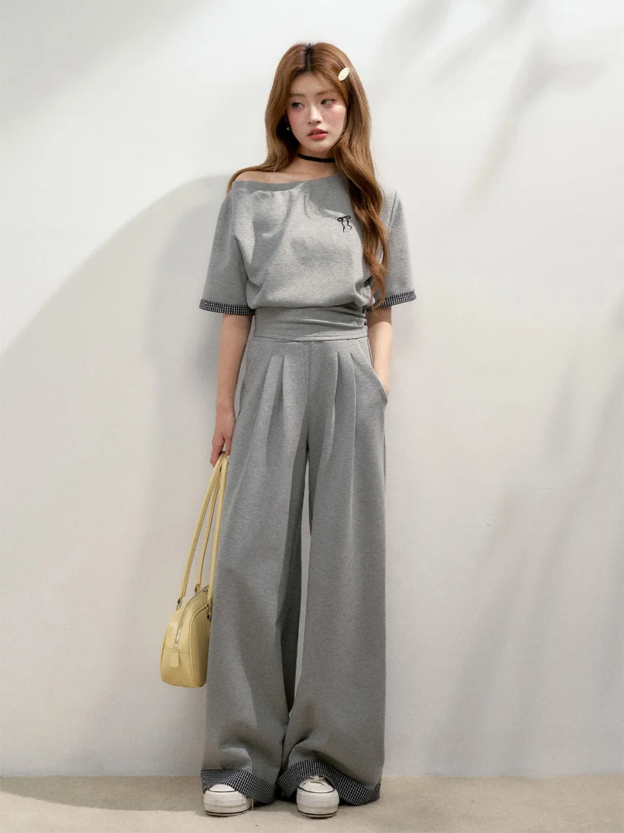 

Корейский модный комплект 6DEWS: женский костюм из двух предметов с клетчатыми вставками, коротким рукавом, широкими брюками и хлопковым пуловером с круглым вырезом