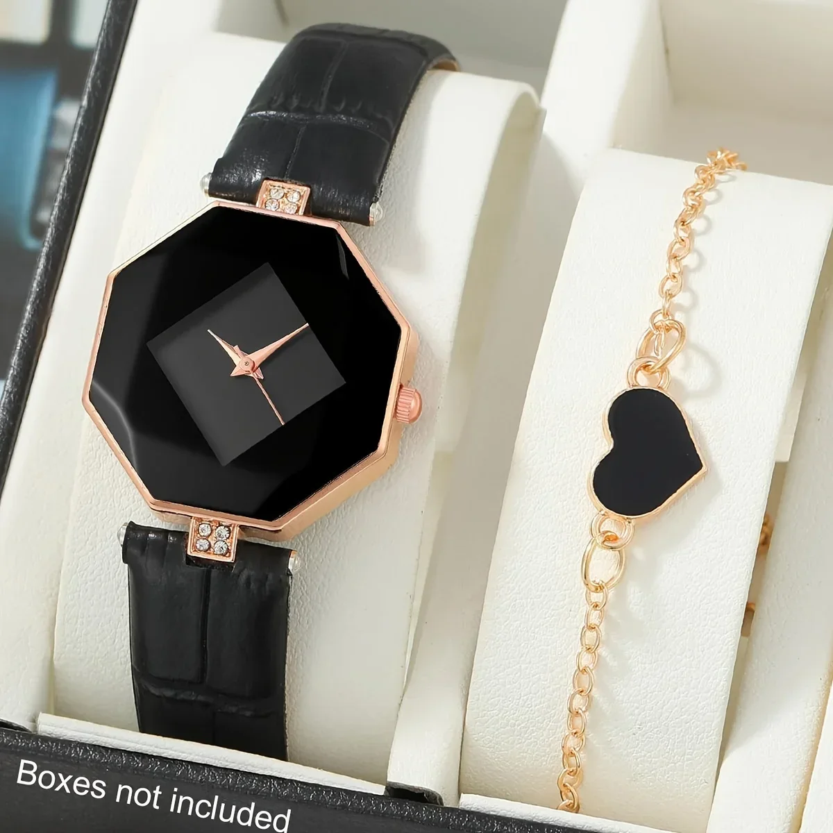 Women's Polygon Quartz Watch Pointer Quartz Watch Analog PU Leather Wrist Watch & Heart Bracelet Gift For Her