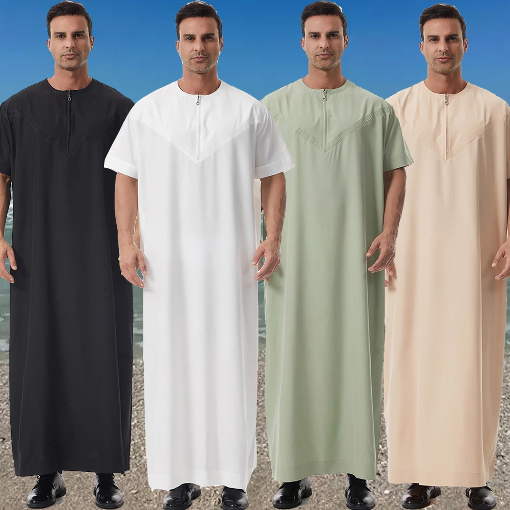 Muslim Men Zipper Robe Short Sleeve Jubba Thobe Eid Djellaba Islam Clothing Turkey Kaftan Thobes for Man Abaya Daffah Dishdasha