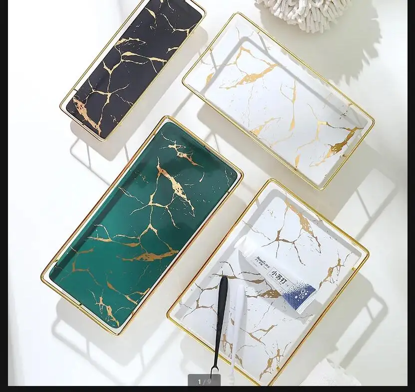 Bandeja de cerámica veteada de hierro forjado, placa decorativa de almacenamiento, disco organizador, acabado cosmético, estante, decoración artesanal