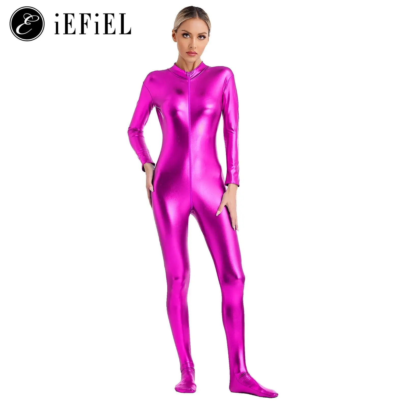 Unitard métallique brillant pour femme, col roulé, manches longues, fermeture éclair, sans pieds, batterie complète, combinaison Catsuit, costume d'Halloween Zentai