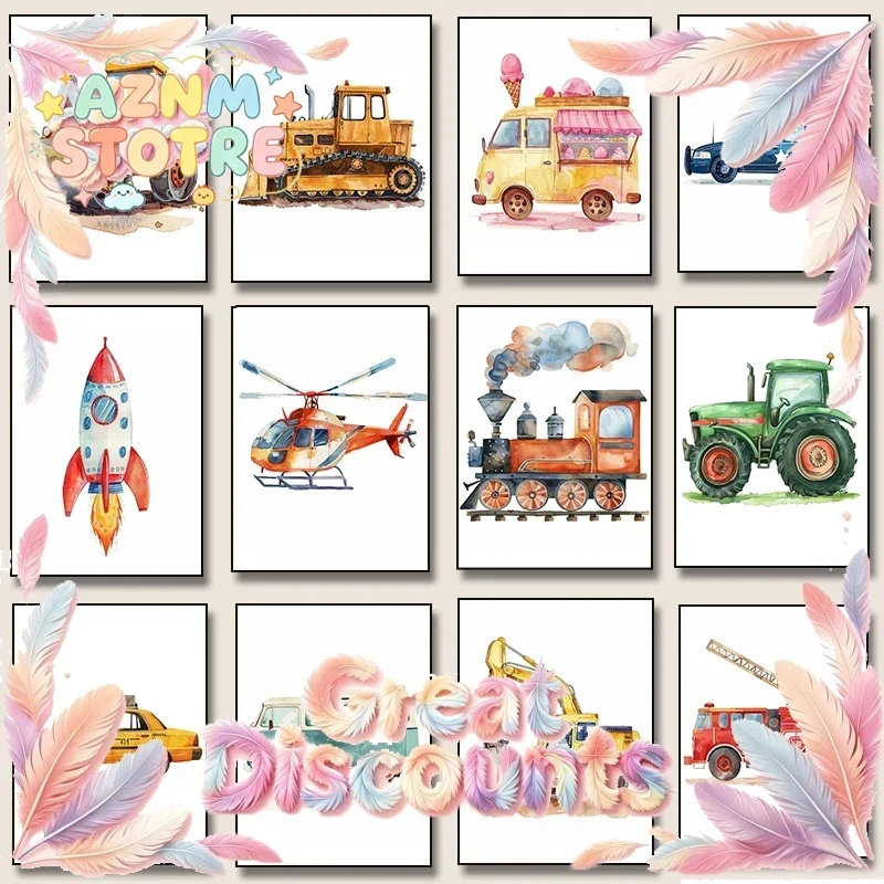 Helicopter Fire Truck Tractor  Airplane Rocket Canvas Painting Poster Nordic Wall Art Picture Kids Room Nursery Home Decor