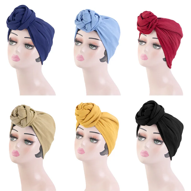 

Solid Color Top Knotted Turban Caps for Women Pre-Tied Bonnet Indian Hats Muslim Female Head Wraps Beanie Hat Turbante Mujer