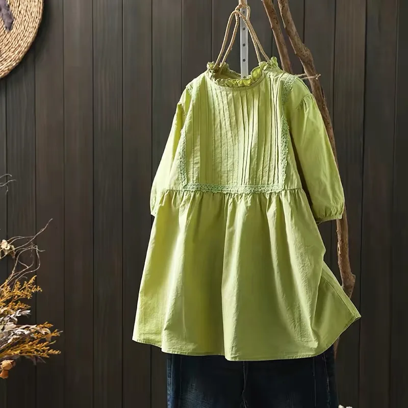 Mori Girl Sweet Pure Cotton Green Short Sleeve Ruffle Collar Shirts, Japanese Vintage Lace Pleated Casual A-Line Blouses