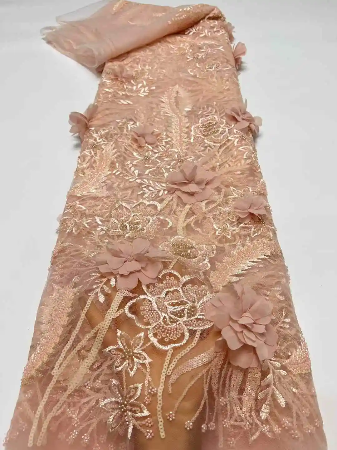 

African 3D Flower Lace Fabric 2024 High Quality Beaded Lace Material Nigerian French Net Sequins Lace Fabric For Wedding Dress