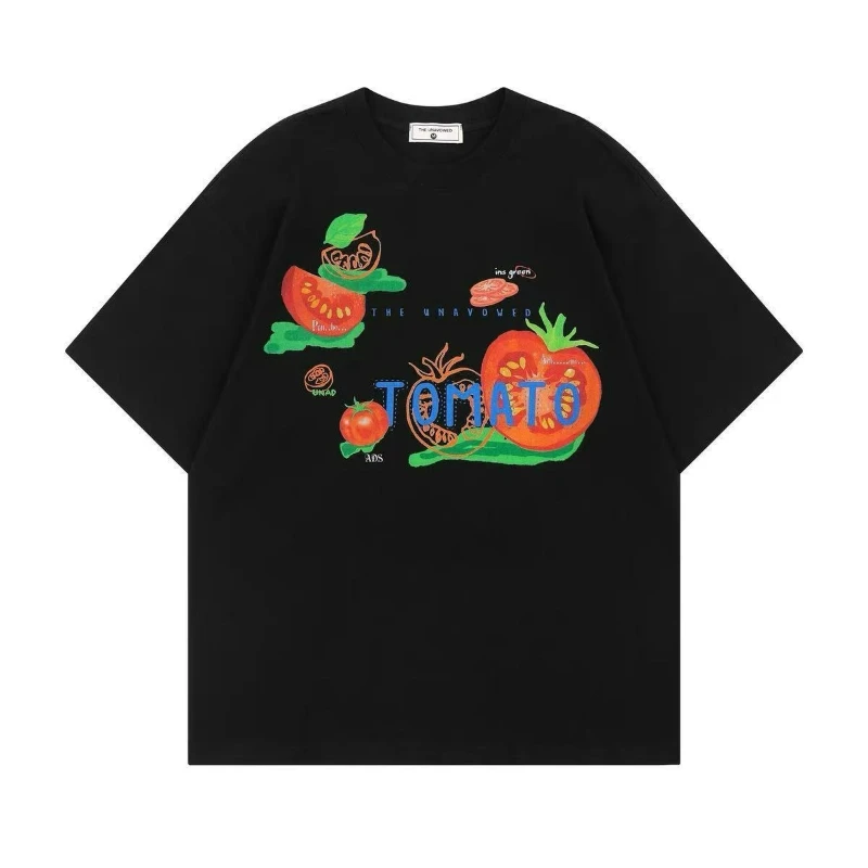 

2026 Summer New Fashionable Casual Versatile Loose Top Pure Cotton American Retro Tomato Printed Short-sleeved Women's T-shirt