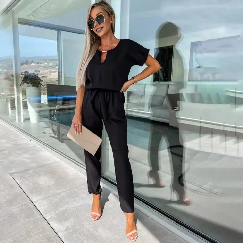 Women Jumpsuit Elegant V-neck Lace-up Jumpsuit with Slim Waist Pleated Side Pockets for Ol Commute Chic Style Casual Jumpsuit