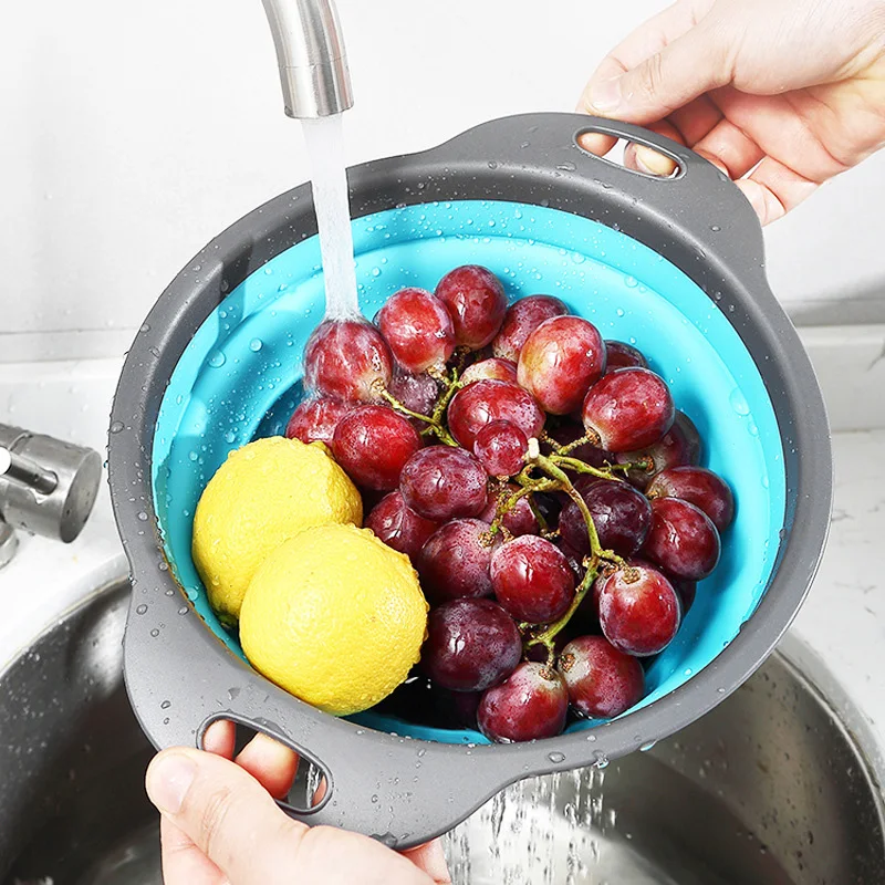 S/L Silicone Collapsible Drainer Round Folding Vegetable Fruits Washing Drain Basket Colander Strainer Filter Net Kitchen Gadget