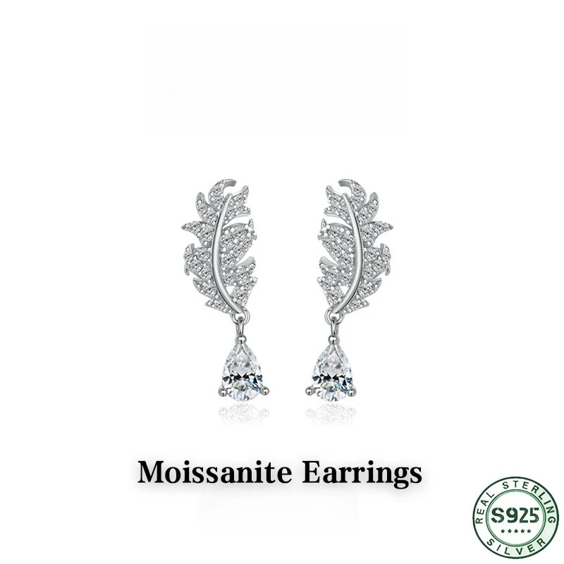 Hot selling 100% S925 silver leaf tassel full diamond earrings with droplet shaped moissani diamond earrings, wedding jewelry