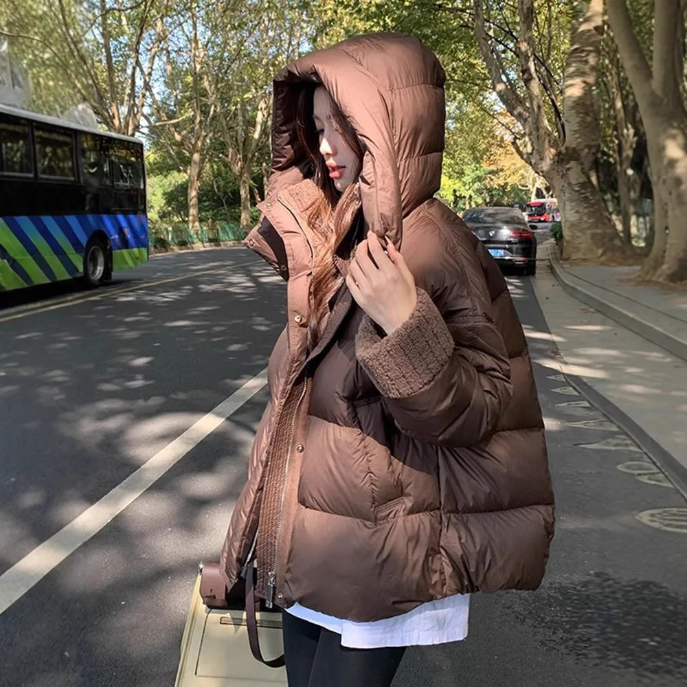 Thickened Hooded Cotton Jacket Women Winter 2025 New Imitation Lamb Fur Collar Splicing Warm Outerwear Fashion Loose Top