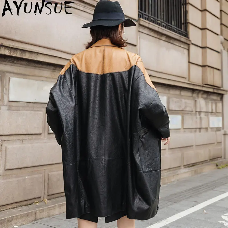 AYUNSUE Autumn Winter Real Leather Jacket Women Genuine Sheepskin Coat Mid-length Loose Windbreaker High Quality Leather Jackets