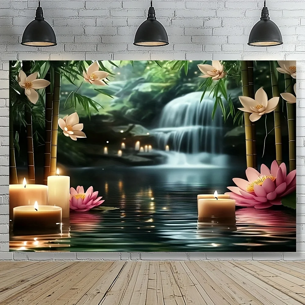 Soothing Waterfall Tapestry with Lotus Flowers and Bamboo, Perfect for Adding a Zen and Tranquil Touch to Any Room or Yoga