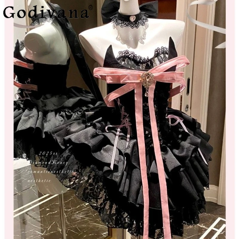 

Slimming Princess Style Sweet Dress for Women Japanese Birthday Party Dress Female High Street Black Lace Banquet Dress