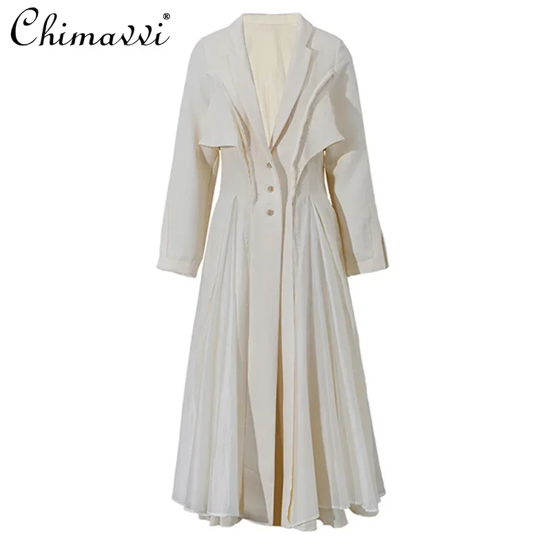 

French Elegant Retro Suit Collar Long Sleeve Single-Breasted Mesh Splicing High Waist Slim A-line Linen Long Dress Women Autumn