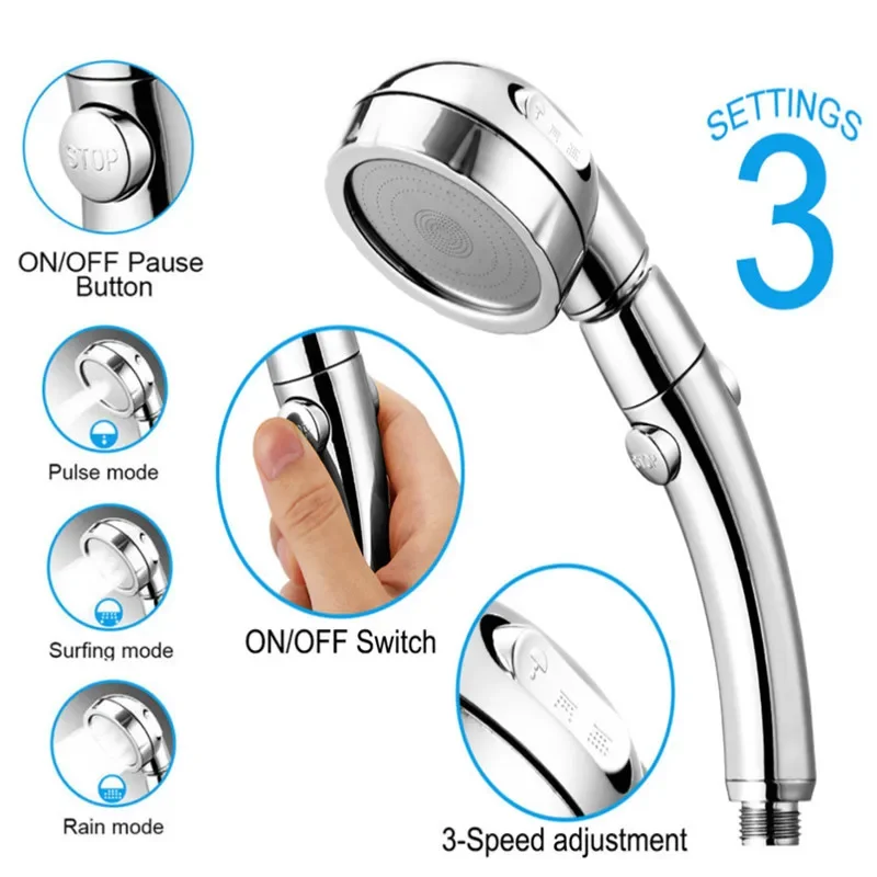 

3 Modes Shower Head High Pressure Adjustable 360 Degrees Rotating with Stop Button Hose Water Saving Handheld Bathroom Shower