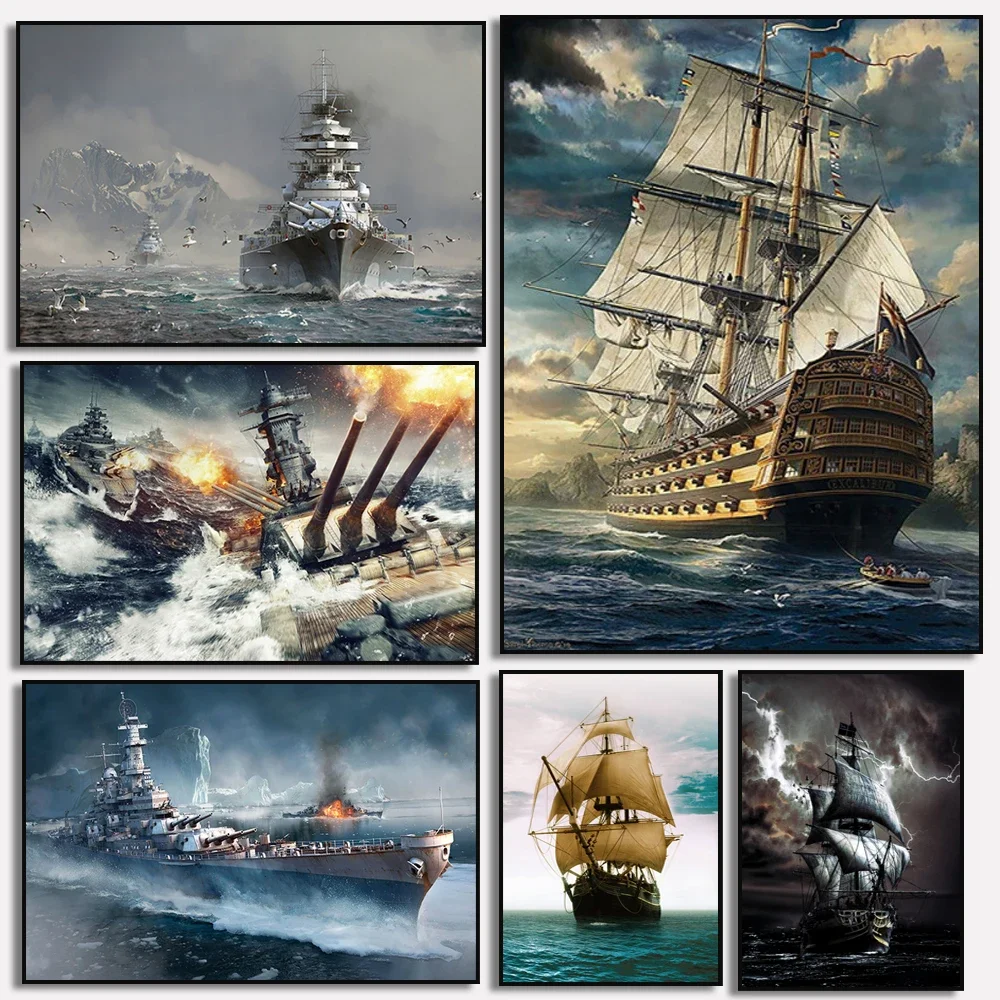 1pc frameless Canvas Painting Bismarck Class Battleship Posters and Prints Retro Pirate Ship Canvas Painting Ship Wall Art Pictu